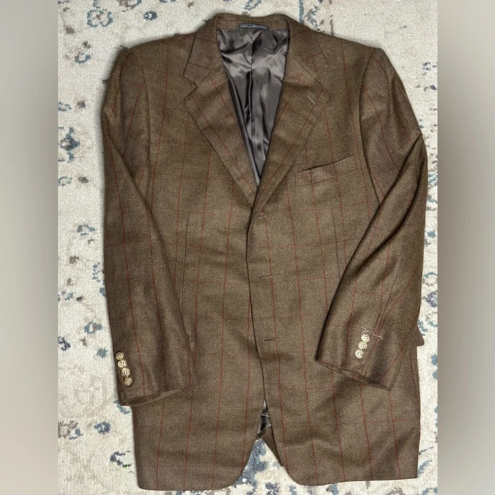 Ermenegildo Zegna brown plaid wool blazer with red pinstripe